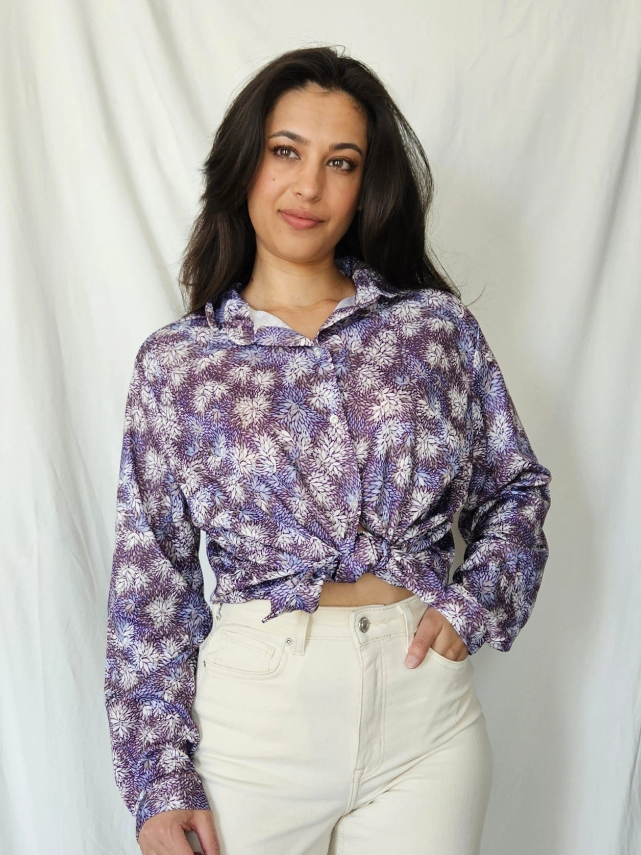 Vintage blouse met paarse print | XL