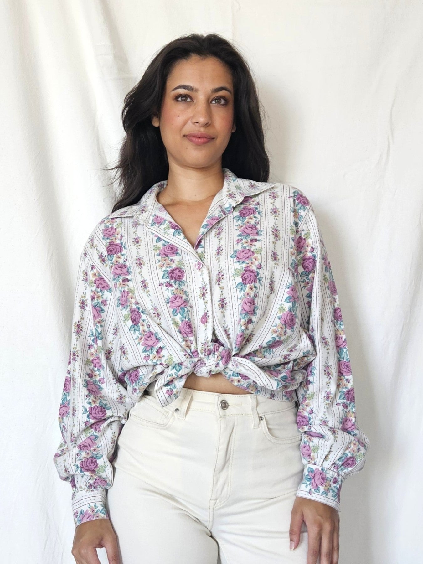 Handwerk katoenen vintage blouse met rozen | XXL