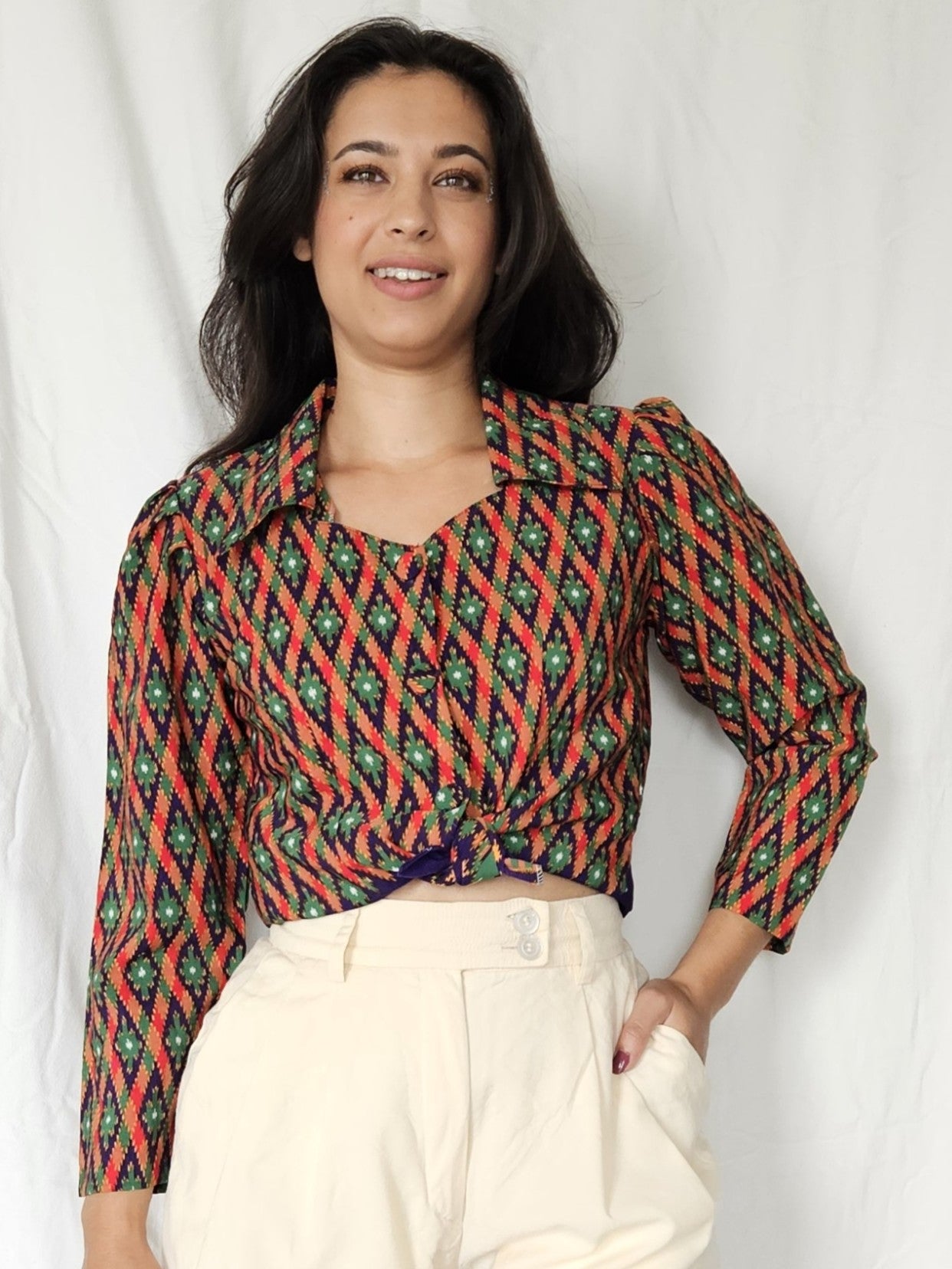 Vintage blouse met gekleurde ruiten | XS