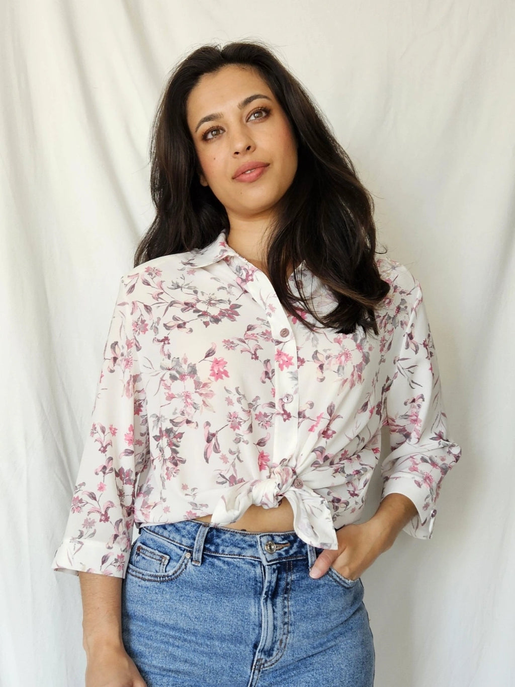 Witte vintage blouse met bloemen | XL