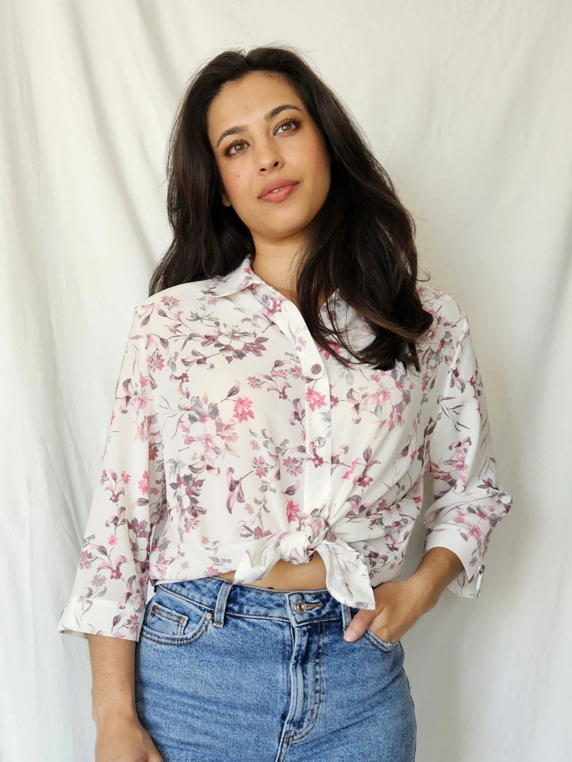 Witte vintage blouse met bloemen | XL