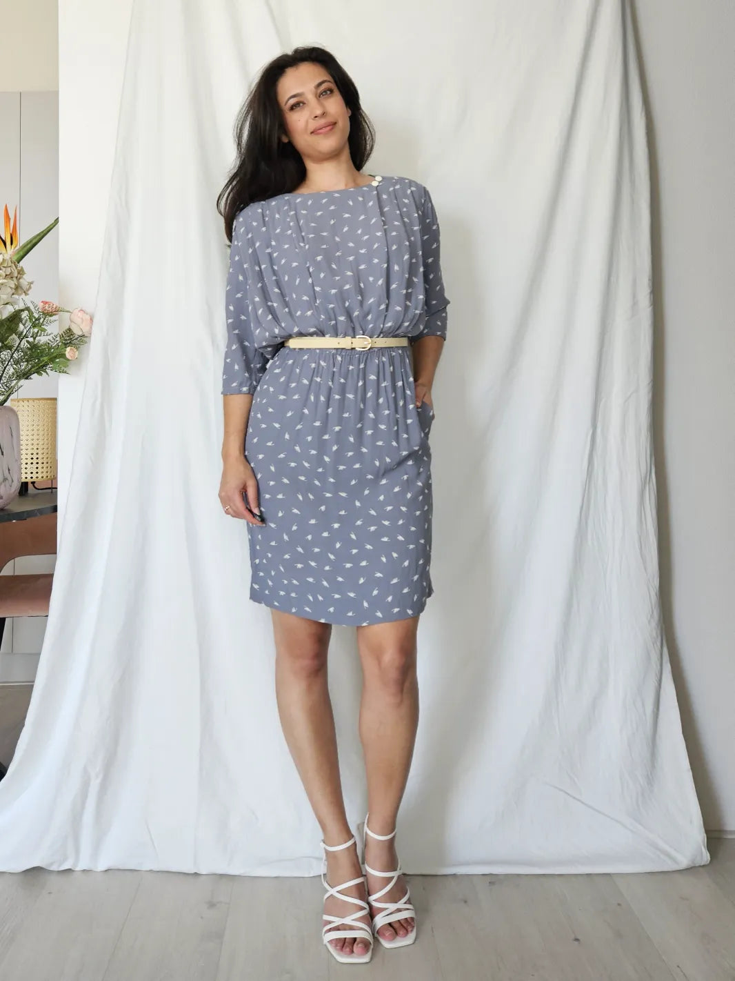 Blauwgrijze viscose vintage jurk | M
