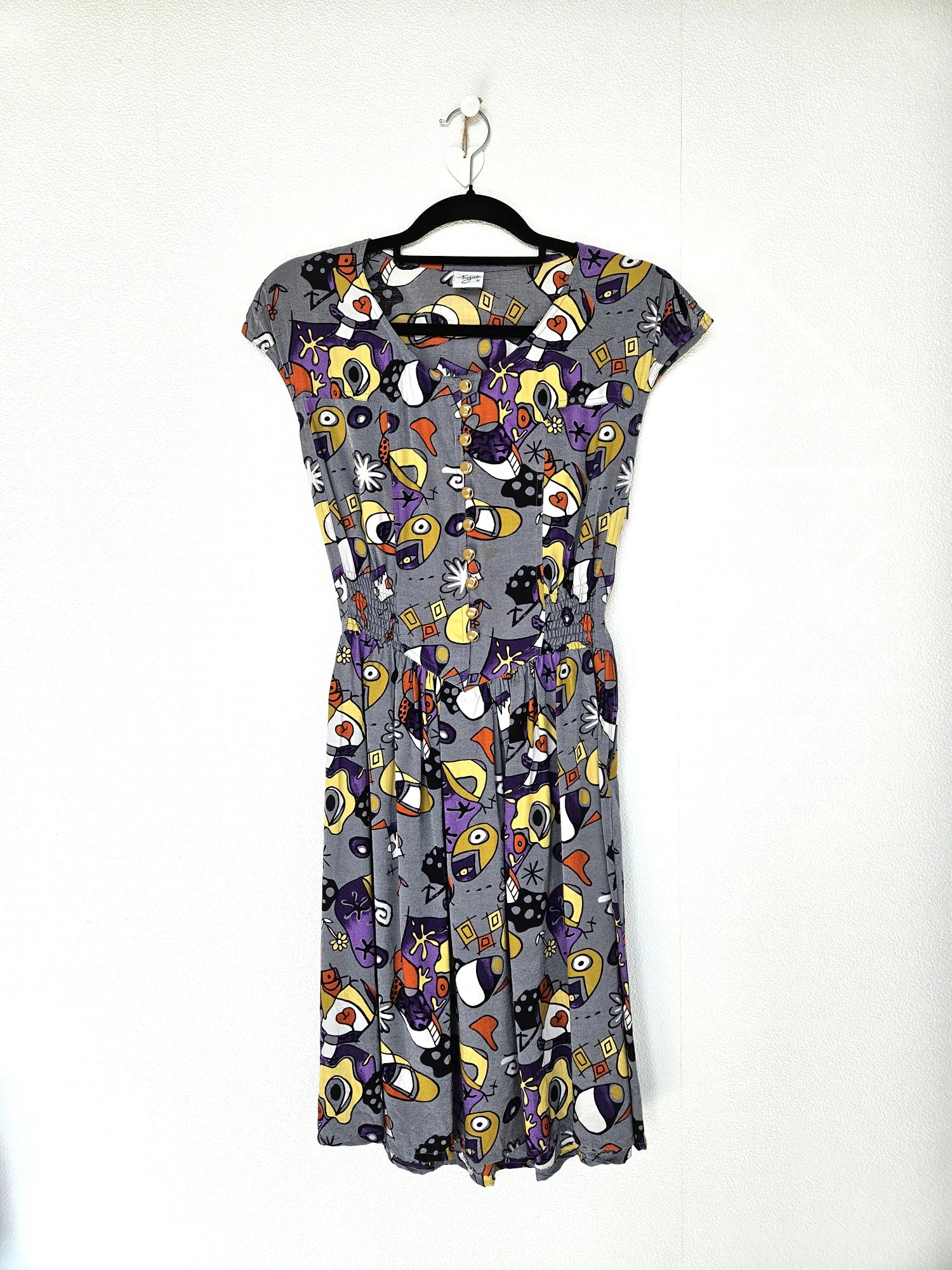 Grijze vintage jurk met funky print | XS
