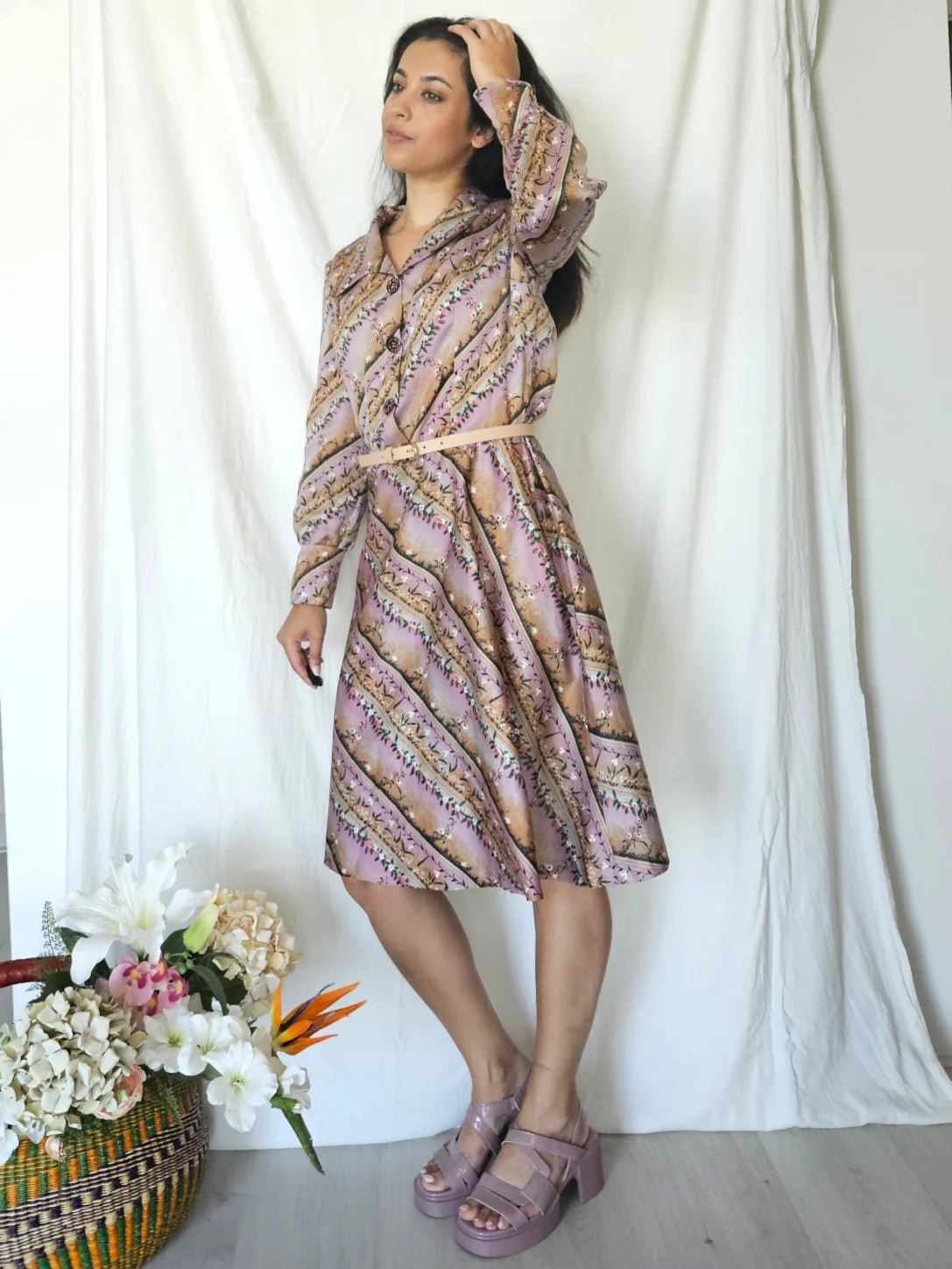 Vintage jurk met strepen en bloemen | M