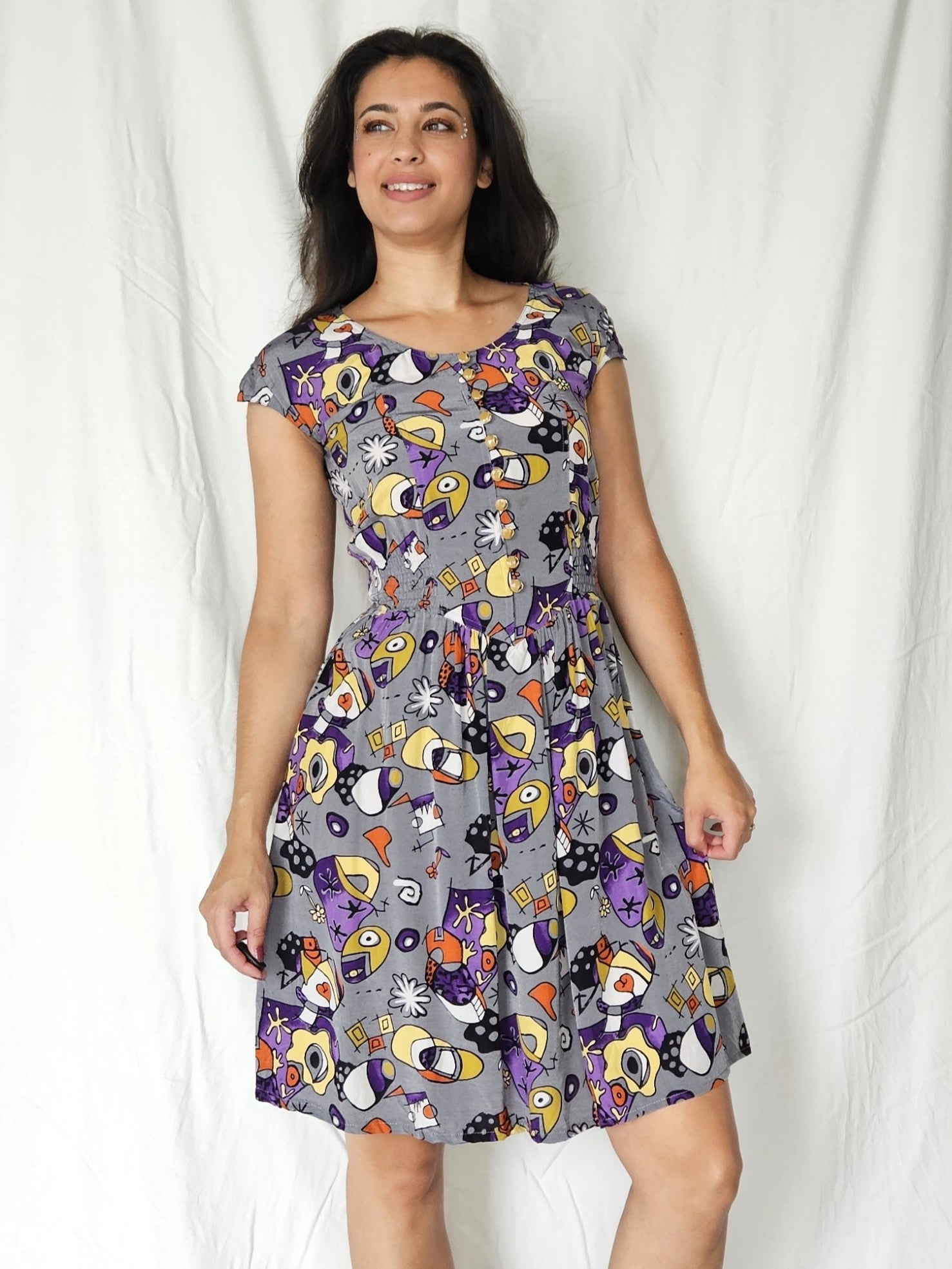 Grijze vintage jurk met funky print | XS