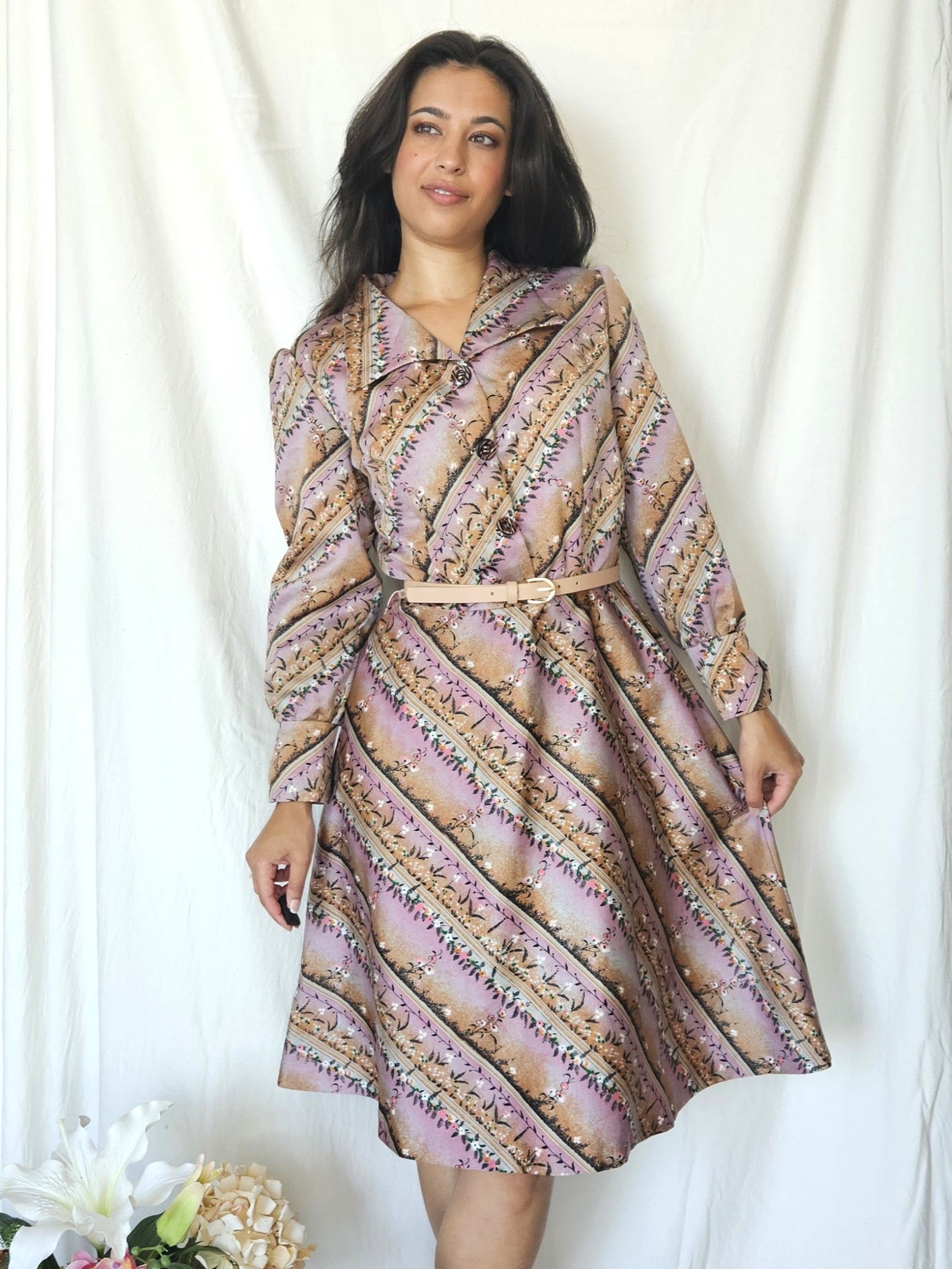 Vintage jurk met strepen en bloemen | M