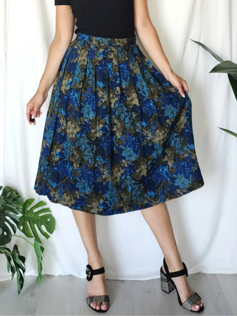 Wollen vintage rok met blauwe bloemen | M/L
