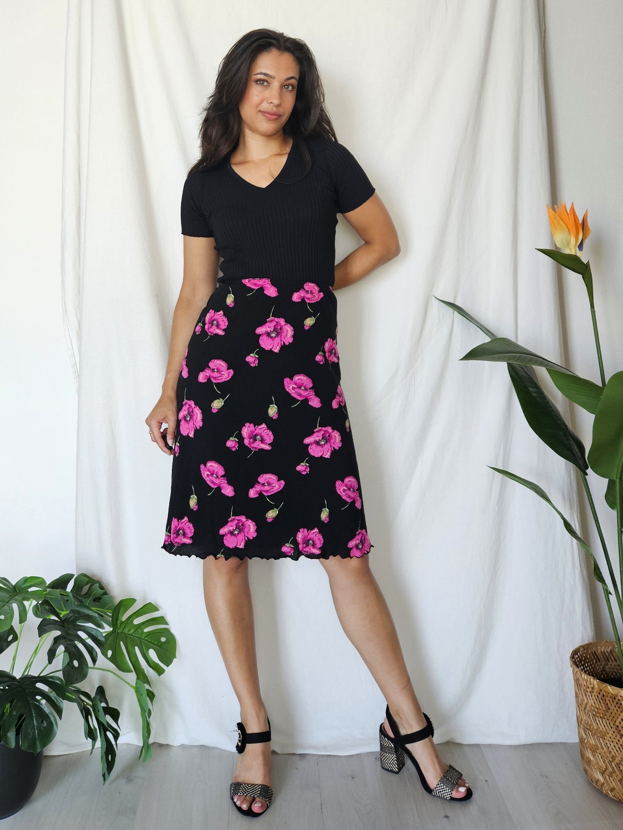 Viscose vintage rok met paarse bloemen | XXL