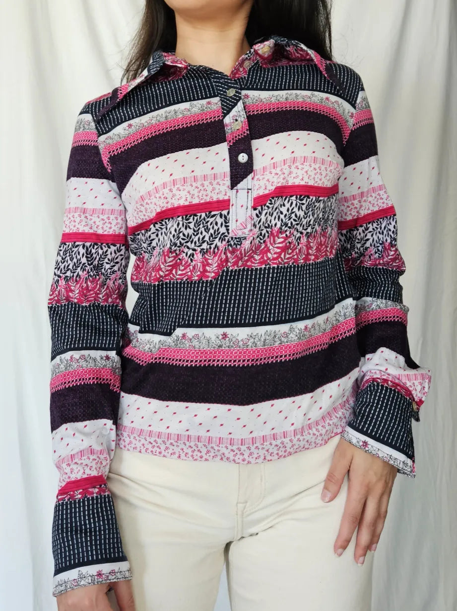 70s katoenen jersey top roze strepen | M