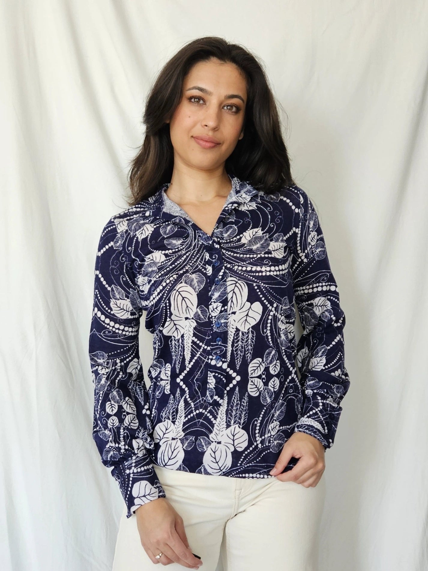 70s katoenen jersey top donkerblauw | S