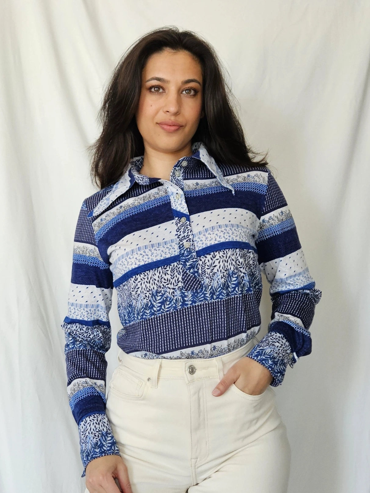 70s katoenen jersey top blauwe strepen | L