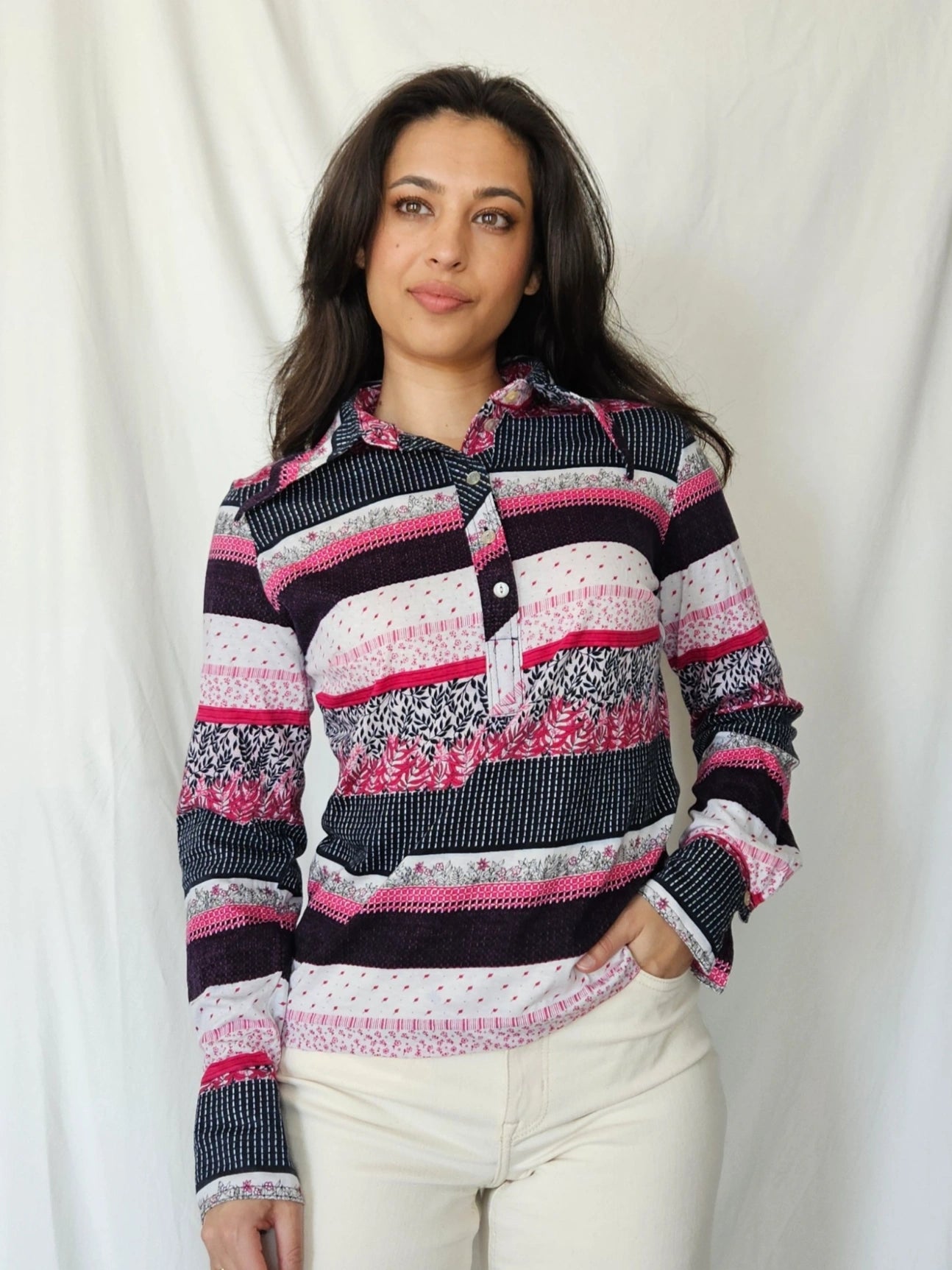 70s katoenen jersey top roze strepen | M