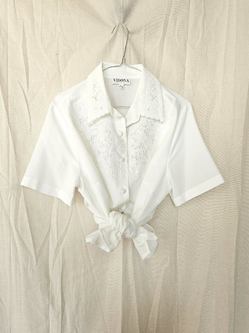 Witte vintage blouse met kant | L