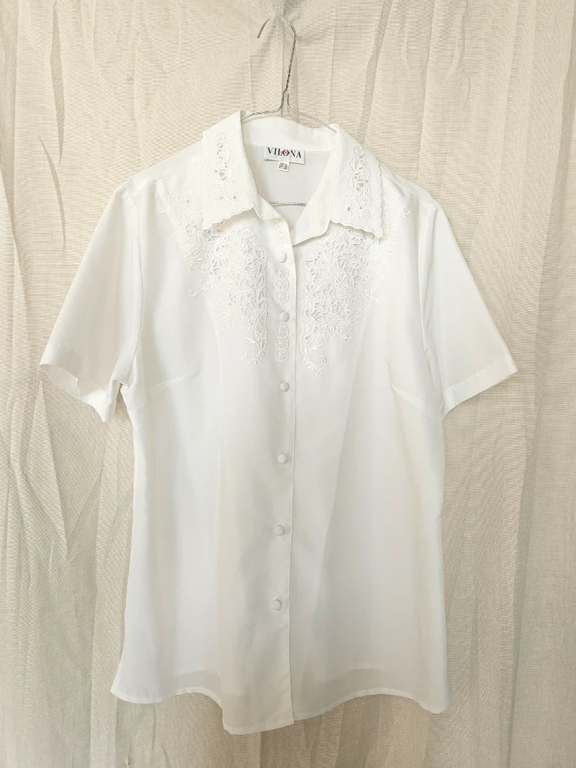 Witte vintage blouse met kant | L