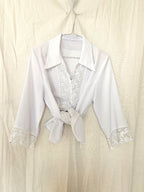 Lichtgrijze vintage blouse met kant | S