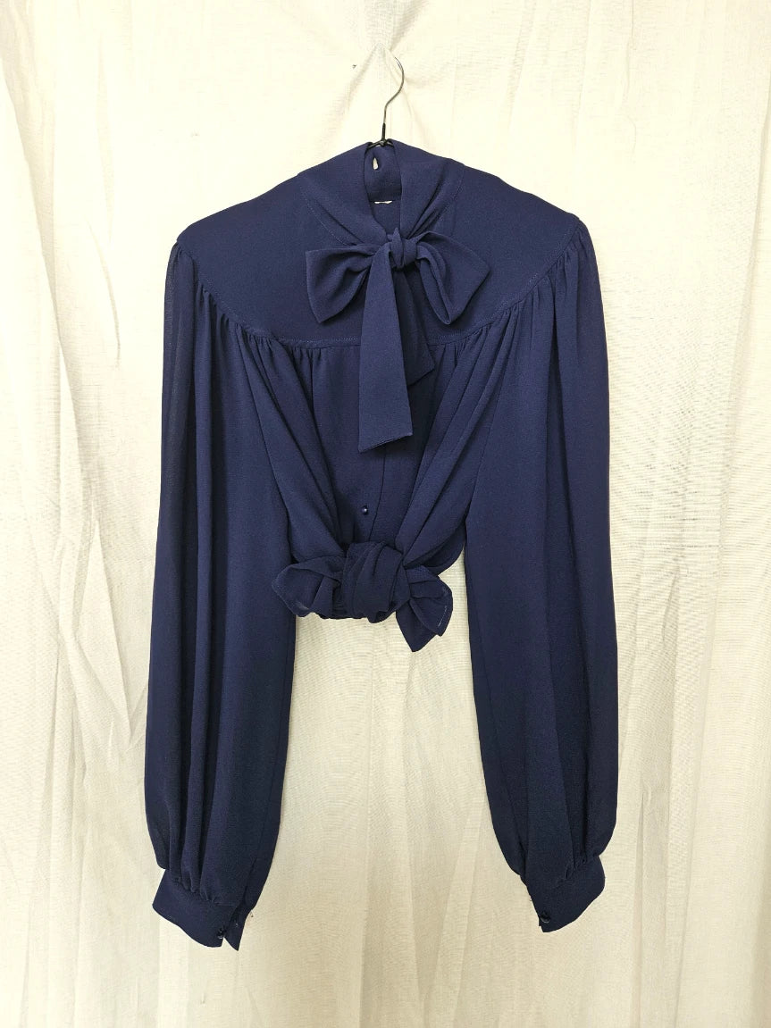 Donkerblauwe vintage blouse met pussy-bow | L