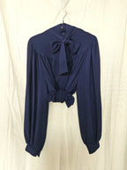 Donkerblauwe vintage blouse met pussy-bow | L