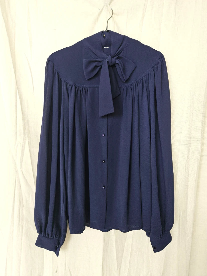 Donkerblauwe vintage blouse met pussy-bow | L