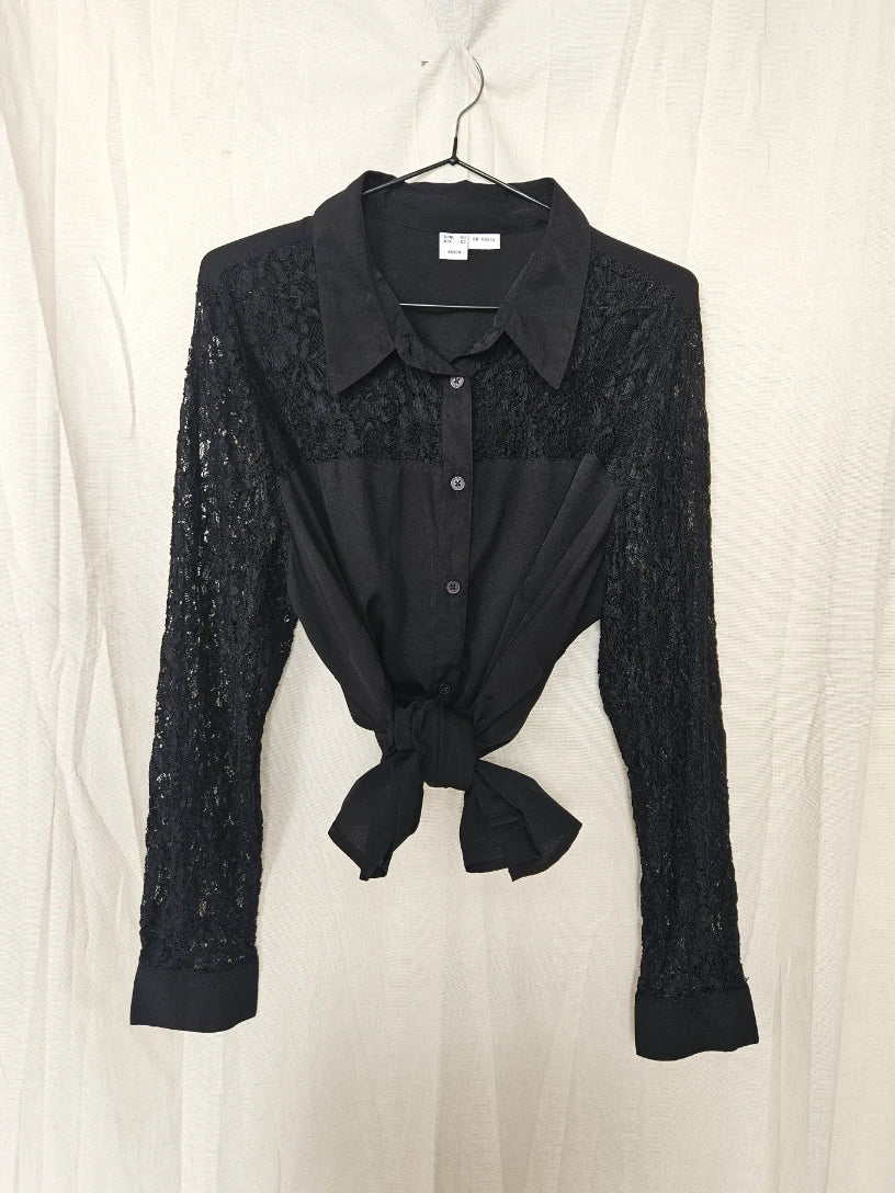 Zwarte vintage blouse met kant | XL