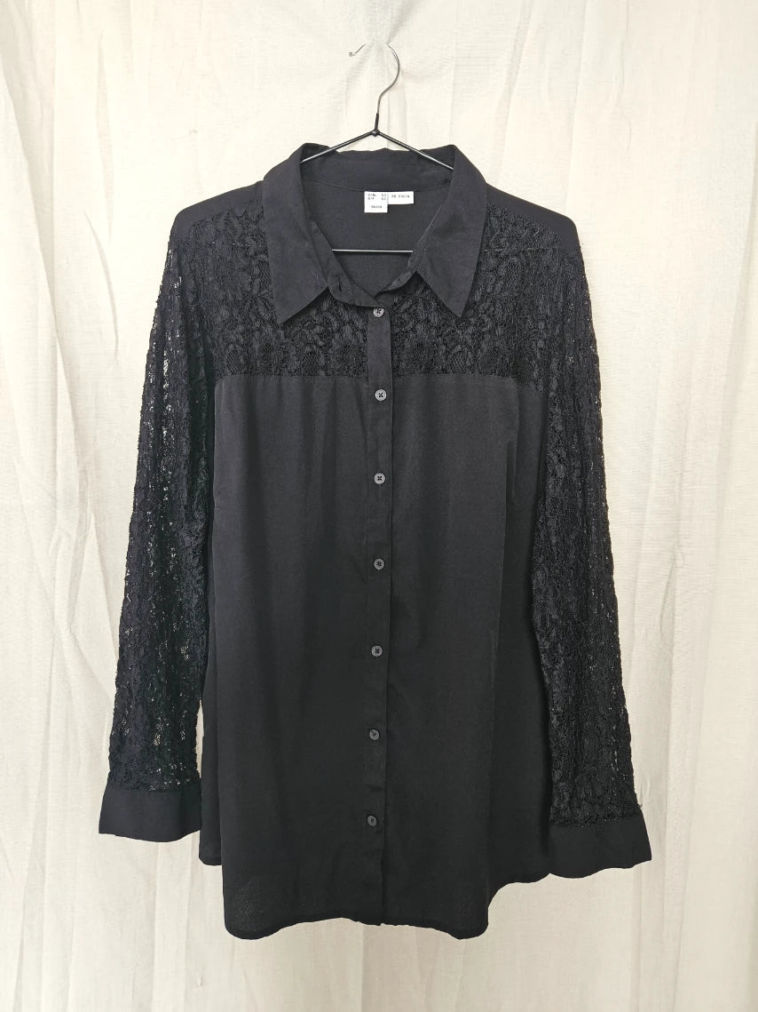 Zwarte vintage blouse met kant | XL