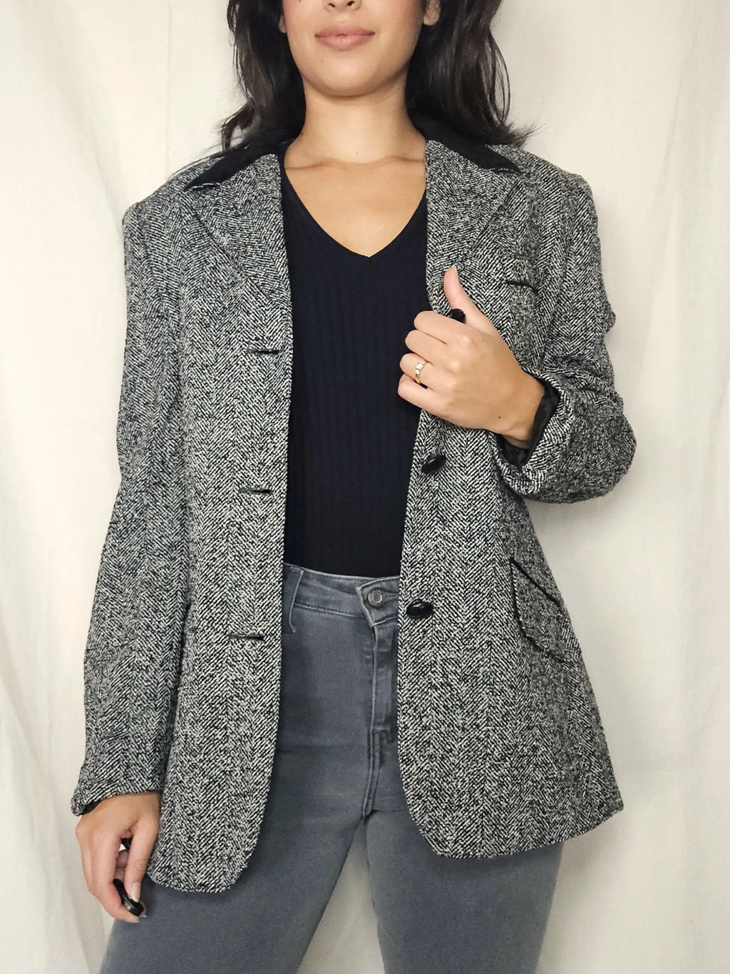 Wollen vintage blazer met visgraat | L/XL
