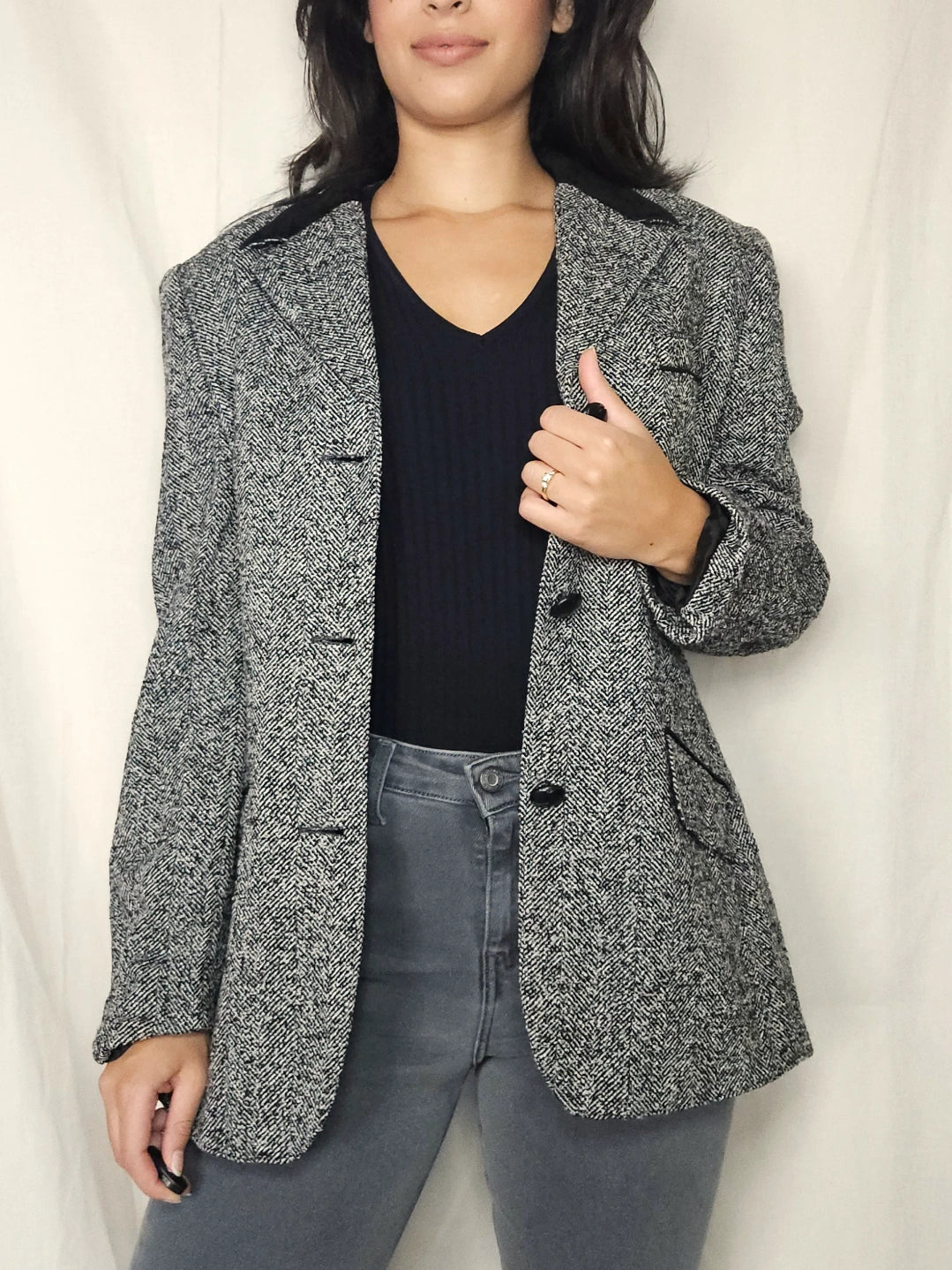 Wollen vintage blazer met visgraat | L/XL