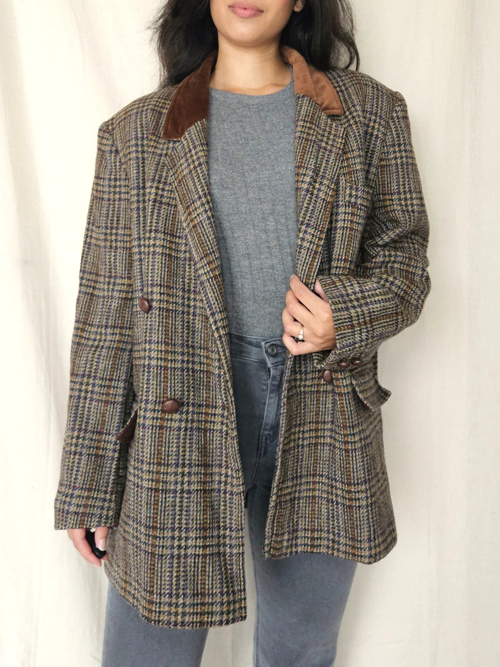 Lichtgrijze geruite vintage blazer van wol | XXL