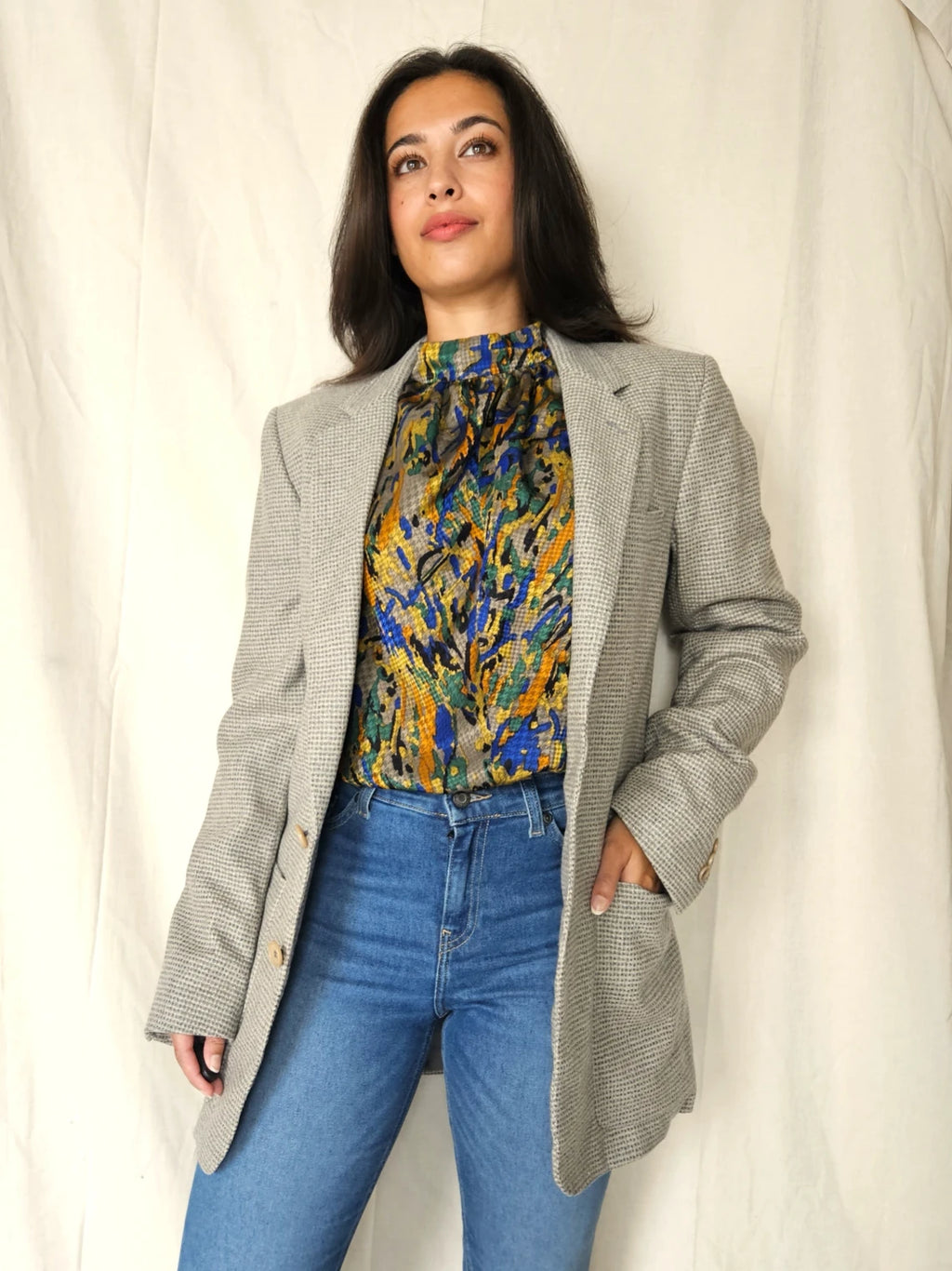 Grijze vintage blazer met geblokt patroon | M/L