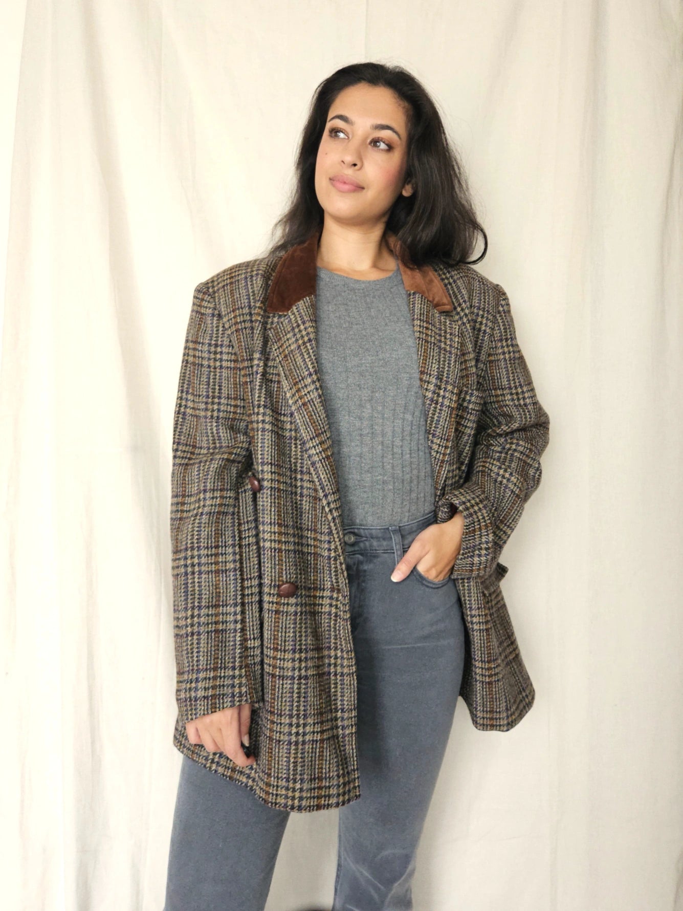 Lichtgrijze geruite vintage blazer van wol | XXL