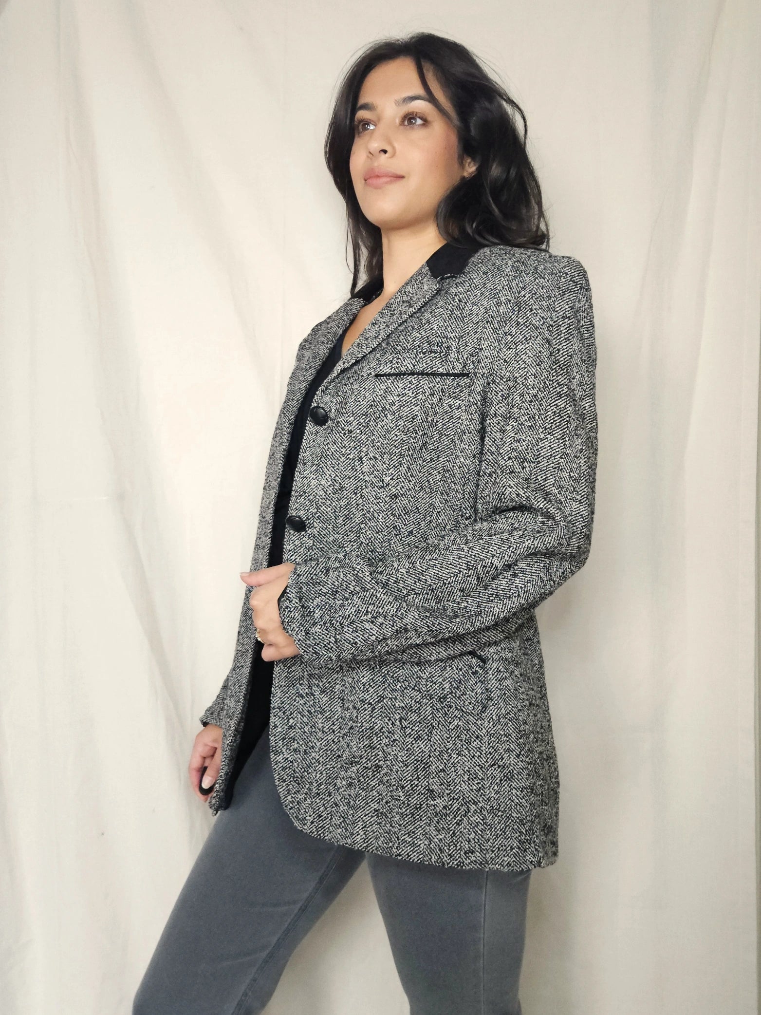 Wollen vintage blazer met visgraat | L/XL
