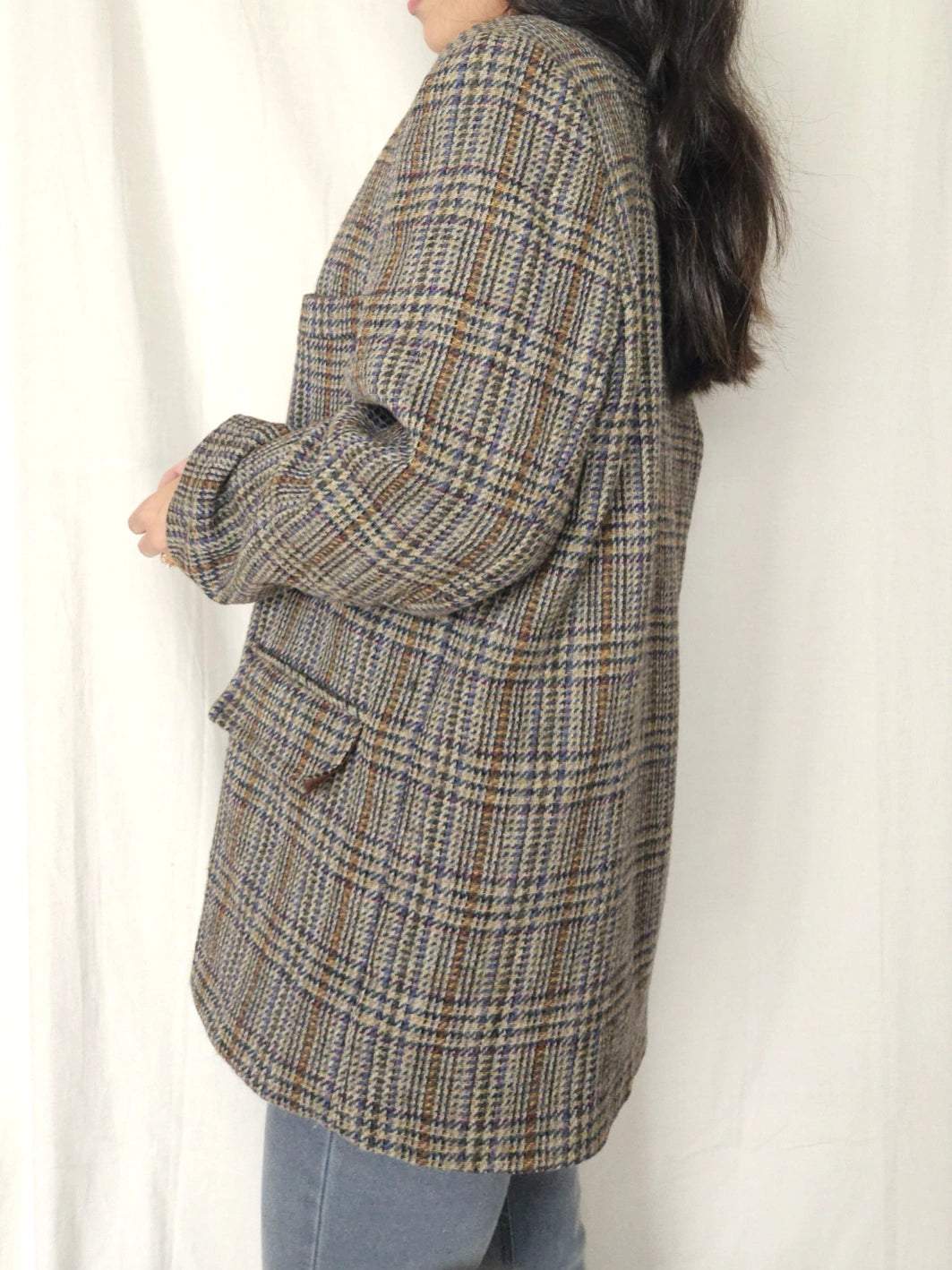 Lichtgrijze geruite vintage blazer van wol | XXL