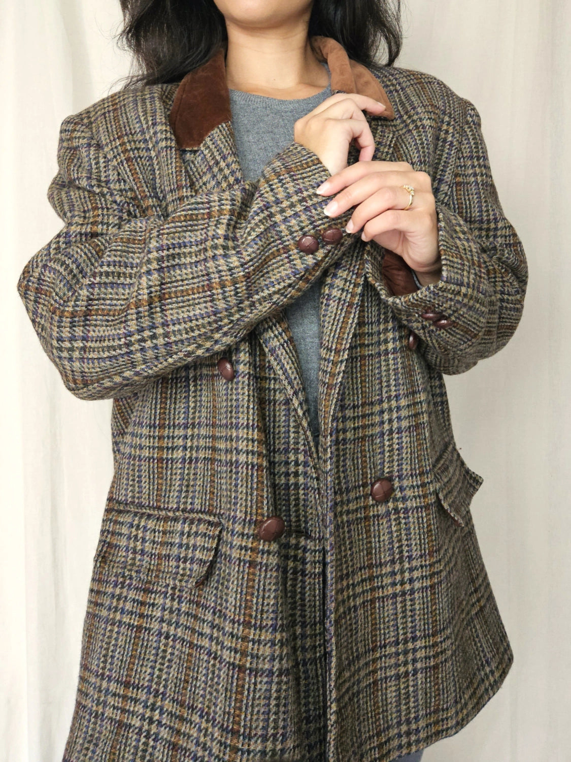 Lichtgrijze geruite vintage blazer van wol | XXL