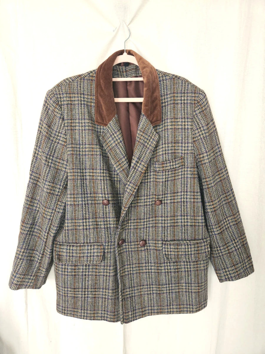 Lichtgrijze geruite vintage blazer van wol | XXL