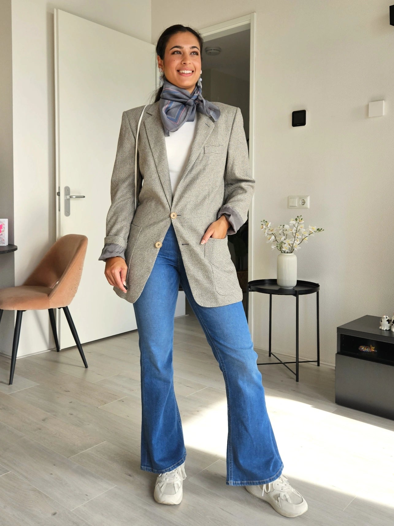 Grijze vintage blazer met geblokt patroon | M/L