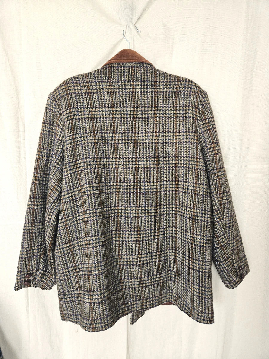 Lichtgrijze geruite vintage blazer van wol | XXL