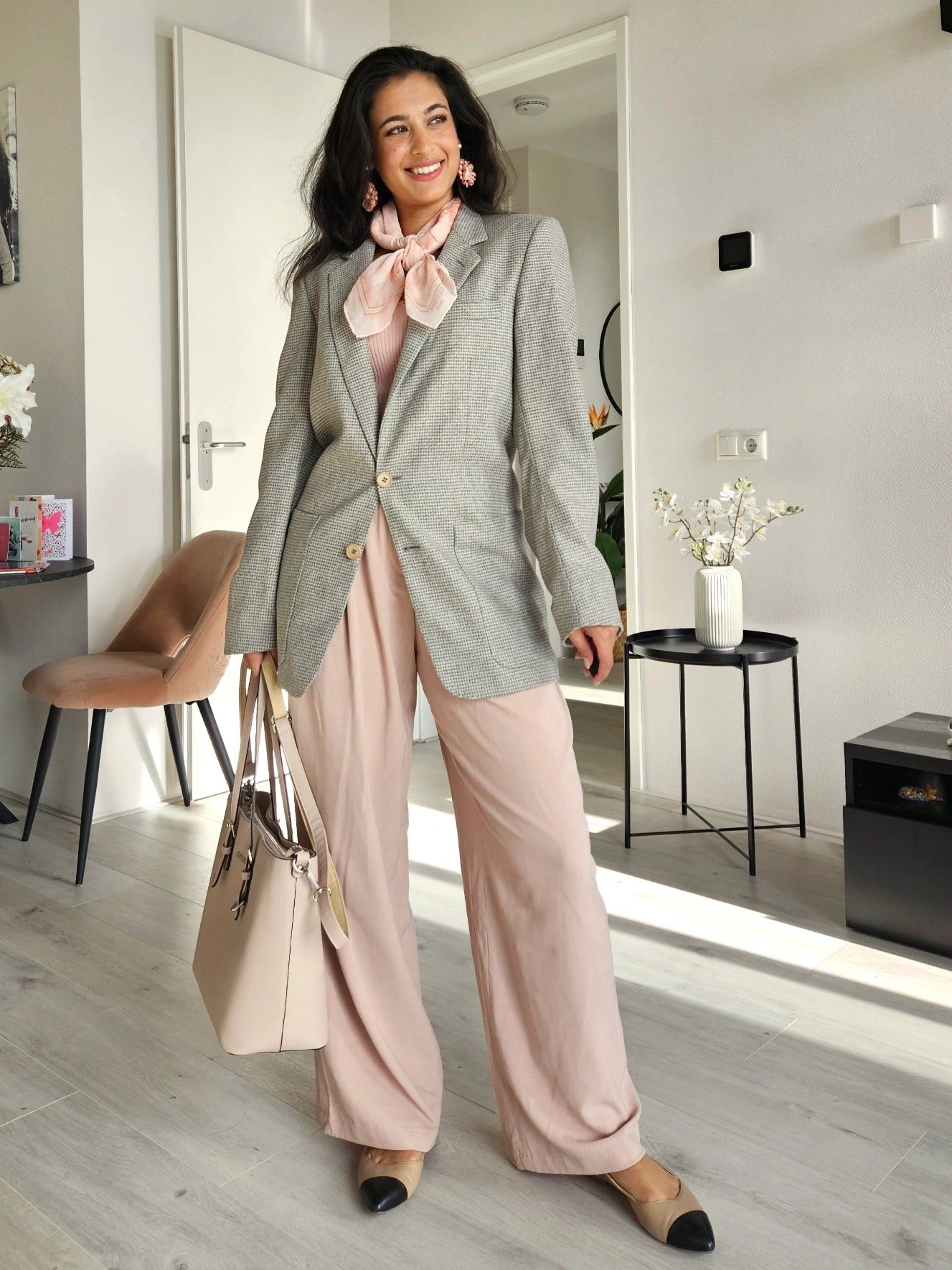 Grijze vintage blazer met geblokt patroon | M/L