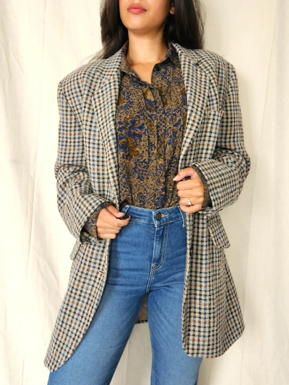 Grijze gebreide vintage blazer met bruin en blauw patroon | XL