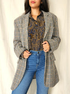 Grijze gebreide vintage blazer met bruin en blauw patroon | XL