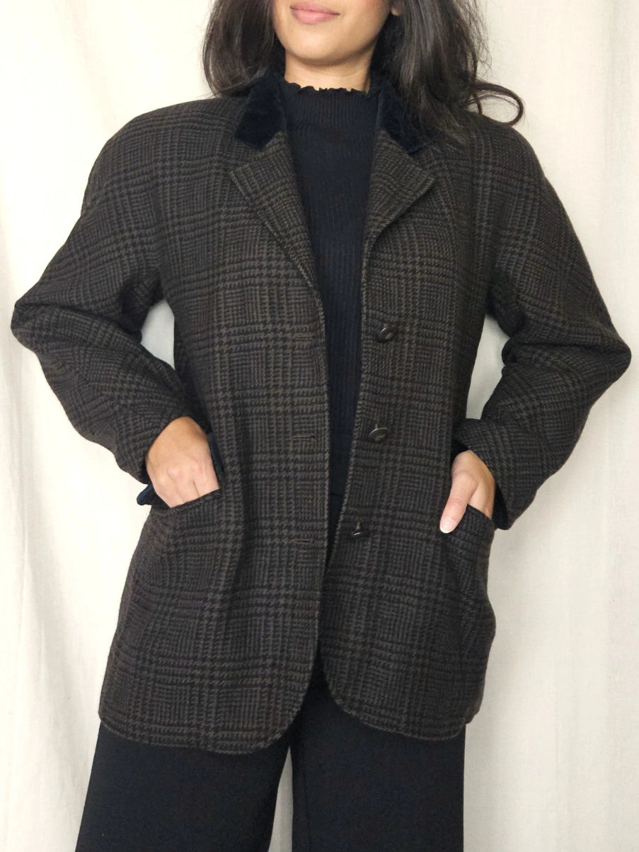 Donkerbruine geruite vintage blazer van wol | XL