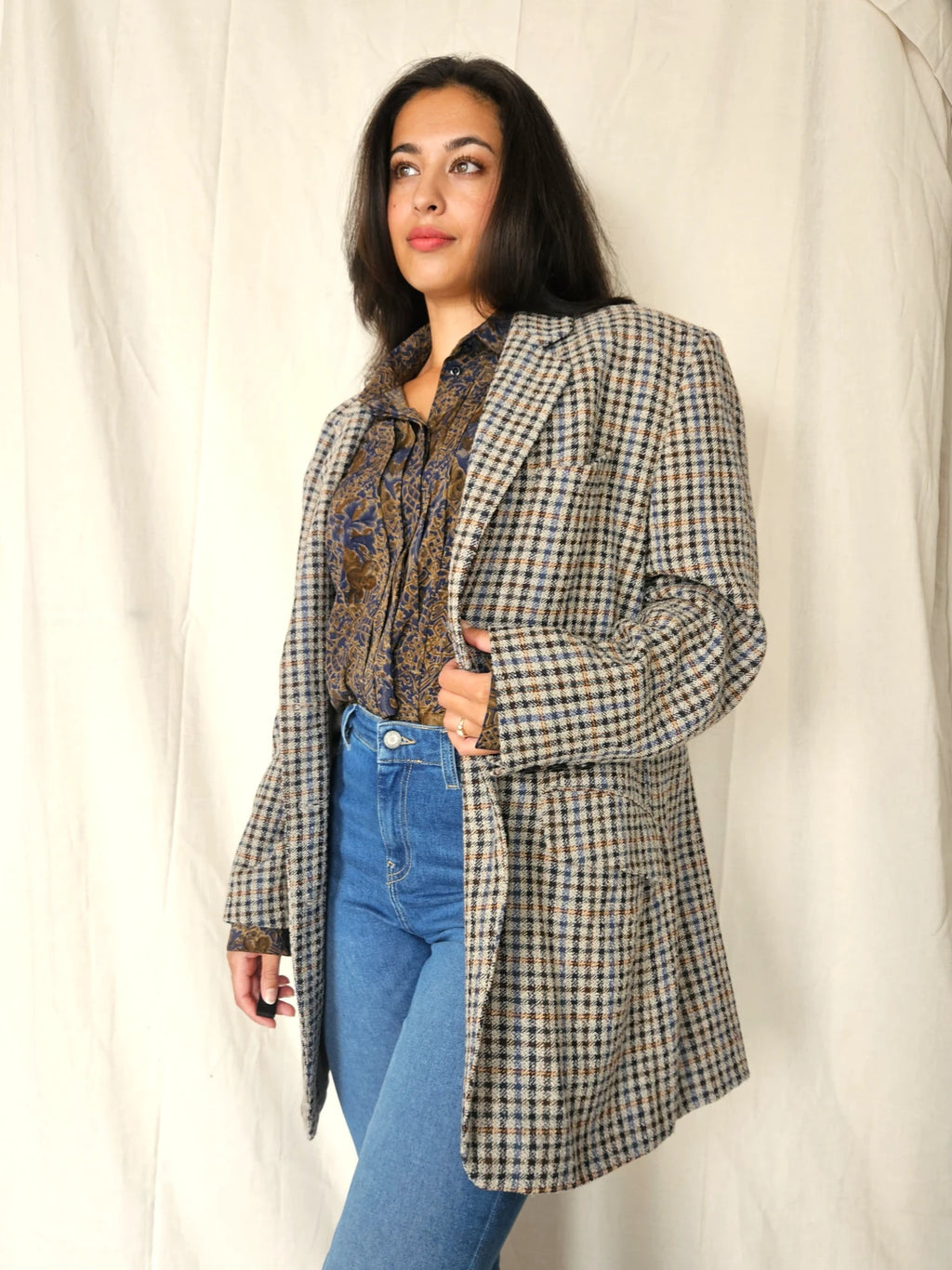 Grijze gebreide vintage blazer met bruin en blauw patroon | XL