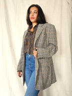 Grijze gebreide vintage blazer met bruin en blauw patroon | XL