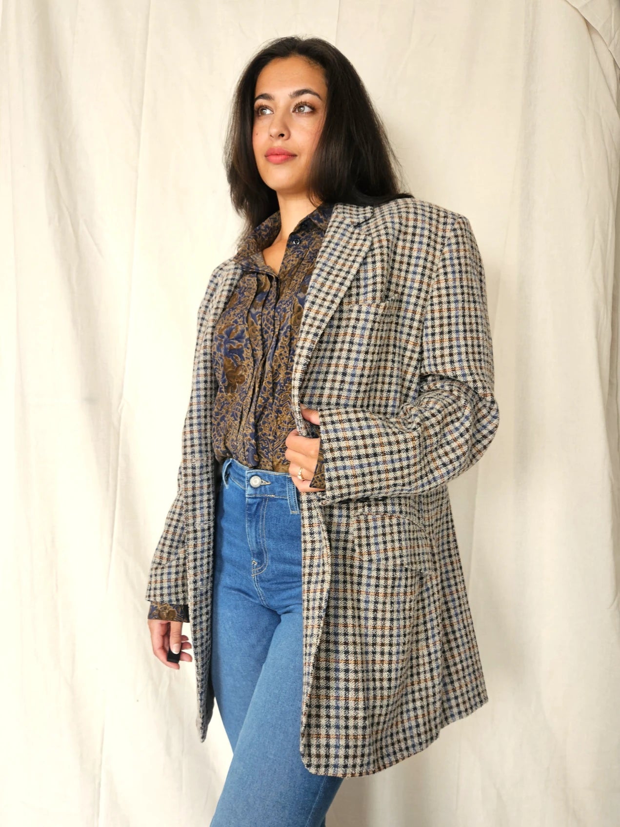 Grijze gebreide vintage blazer met bruin en blauw patroon | XL