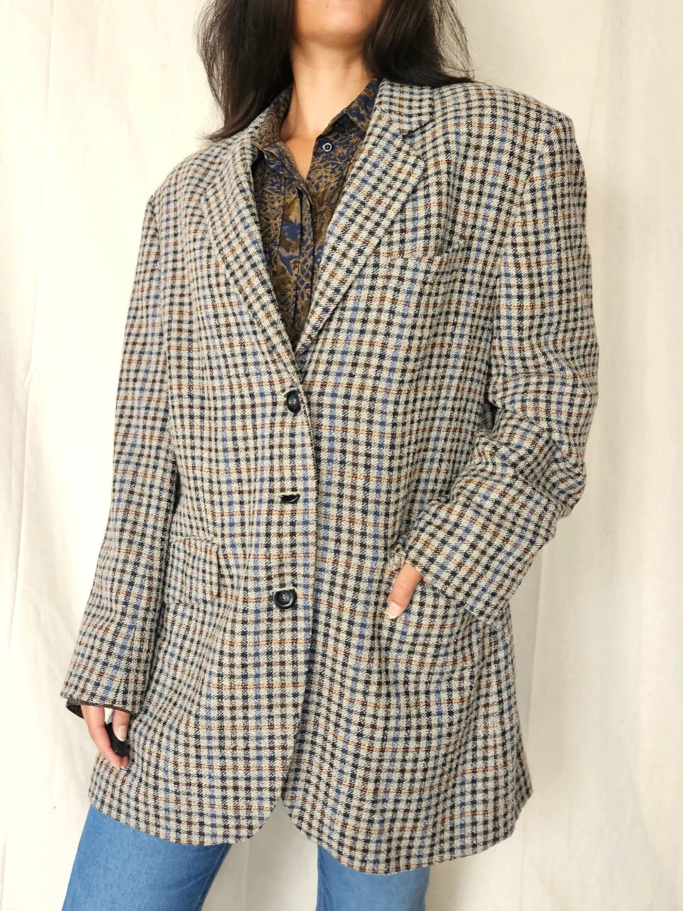 Grijze gebreide vintage blazer met bruin en blauw patroon | XL