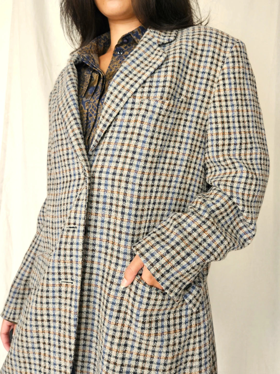 Grijze gebreide vintage blazer met bruin en blauw patroon | XL