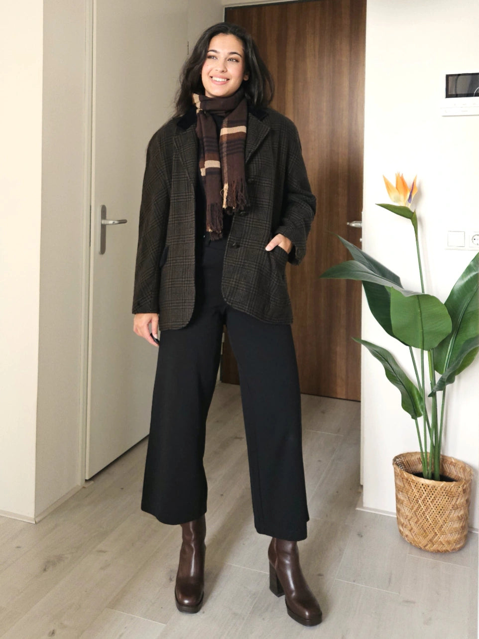 Donkerbruine geruite vintage blazer van wol | XL