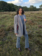 Grijze gebreide vintage blazer met bruin en blauw patroon | XL