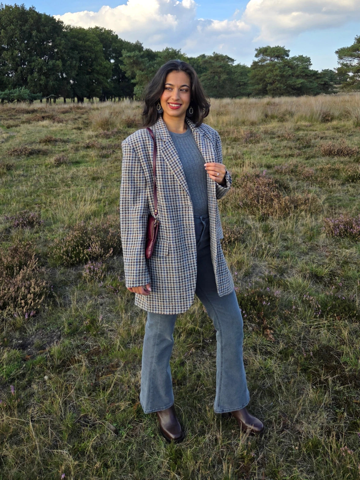 Grijze gebreide vintage blazer met bruin en blauw patroon | XL