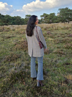 Grijze gebreide vintage blazer met bruin en blauw patroon | XL