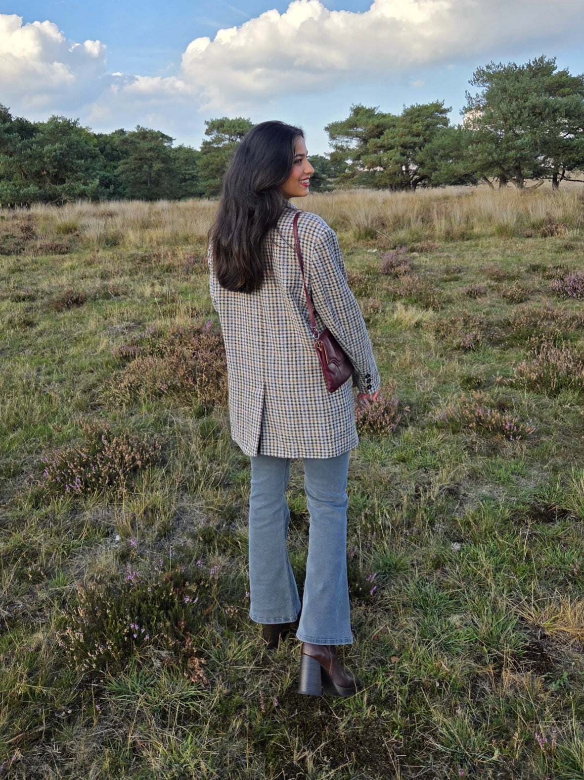 Grijze gebreide vintage blazer met bruin en blauw patroon | XL