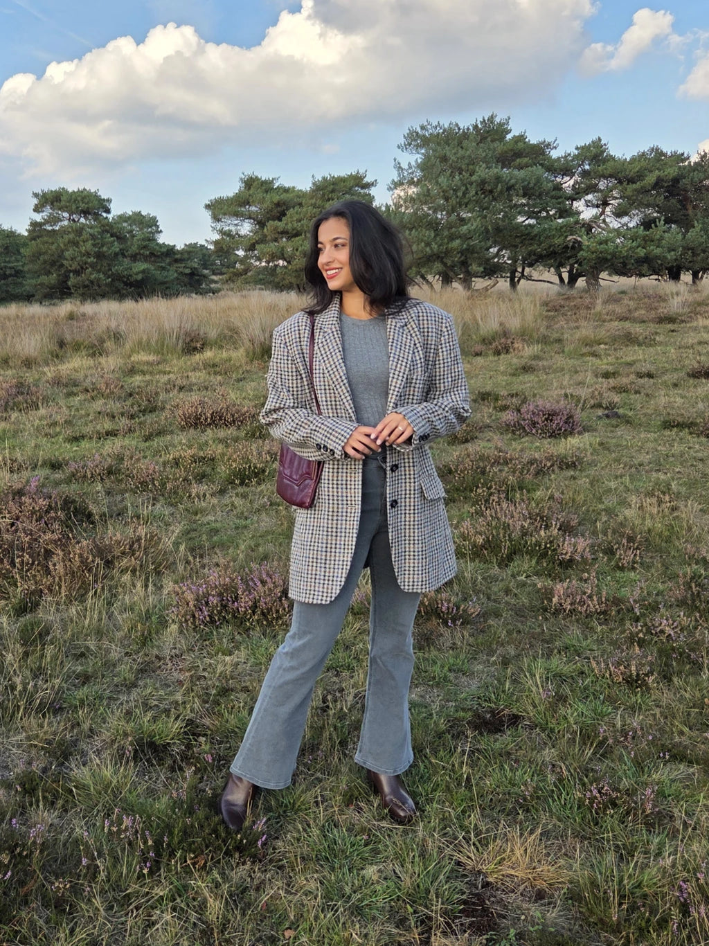 Grijze gebreide vintage blazer met bruin en blauw patroon | XL